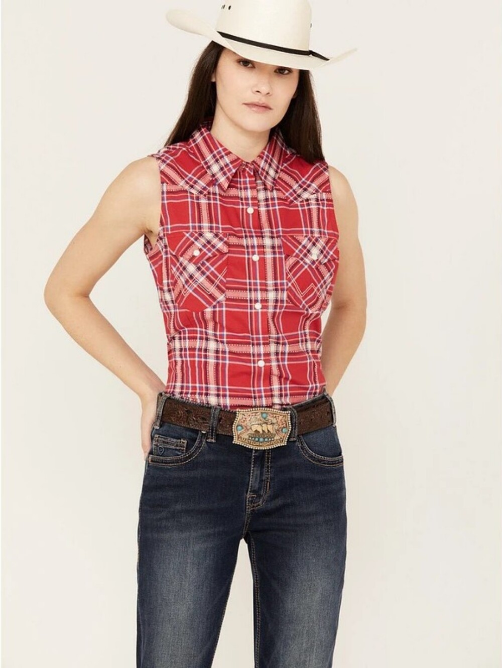 NWT Wrangler Retro Sleeveless Plaid Print Snap Western Shirt - Picture 2 of 14